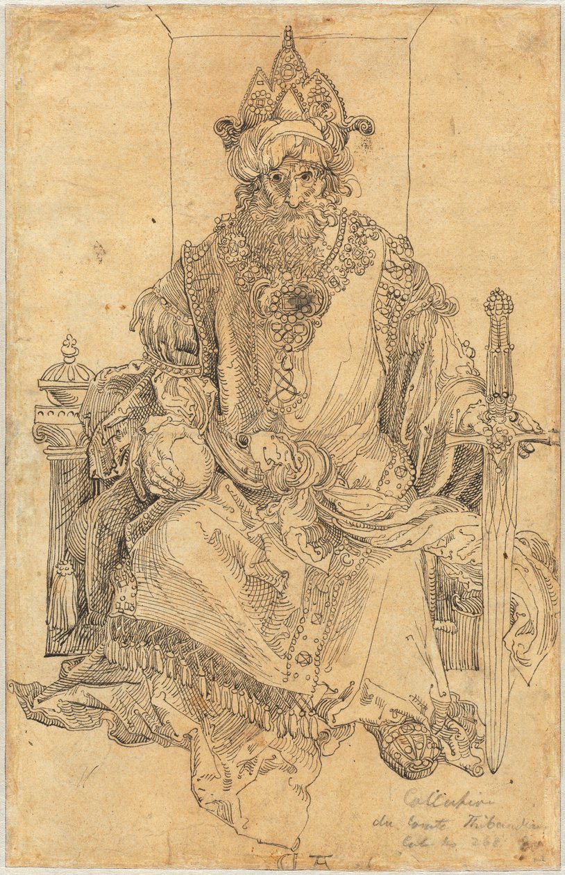 Itämainen hallitsija istuu valtaistuimellaan tekijältä Albrecht Dürer