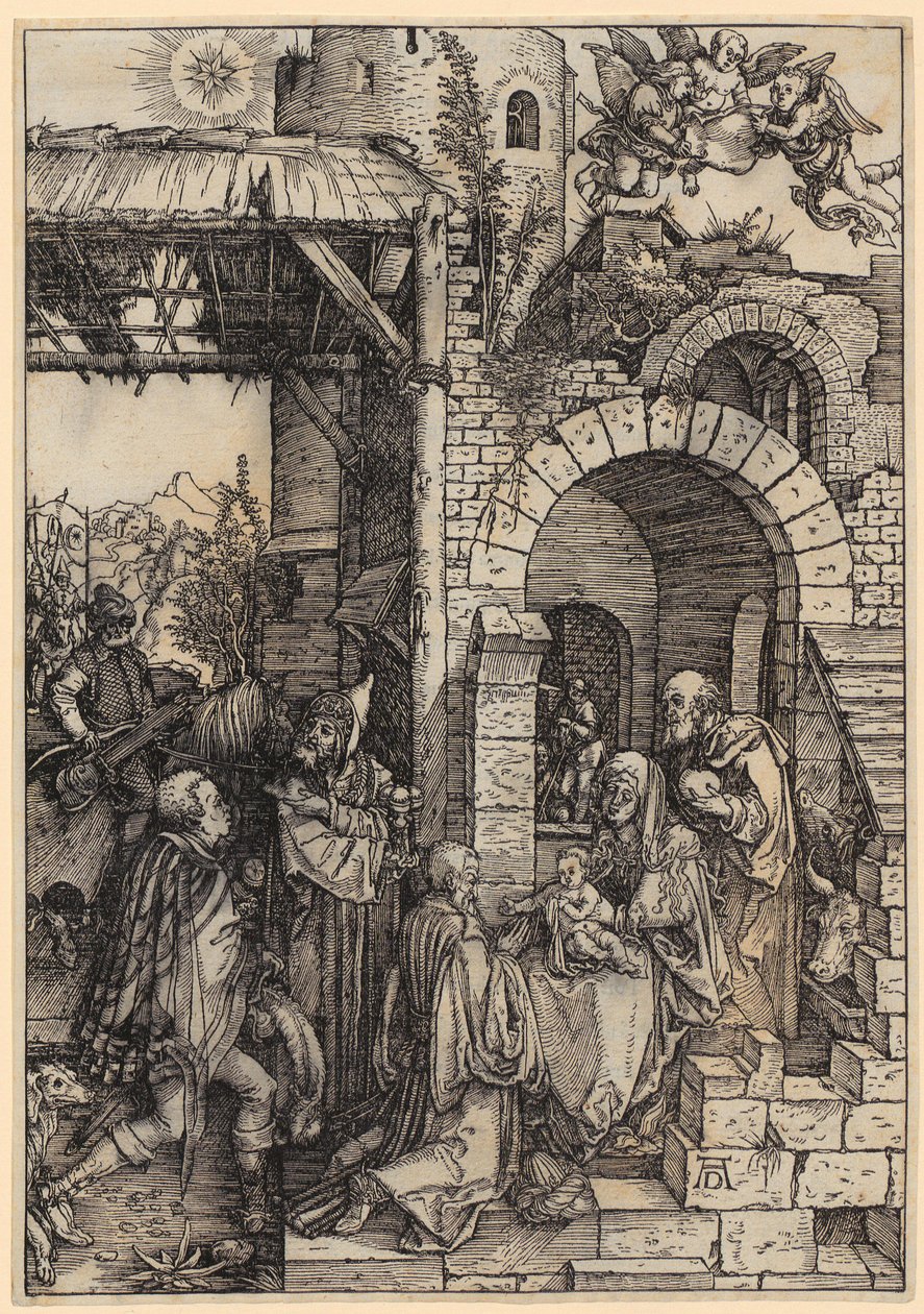 Kolmen kuninkaan kumarrus, sivu 12 sarjasta ”Neitsyt Marian elämä” tekijältä Albrecht Dürer