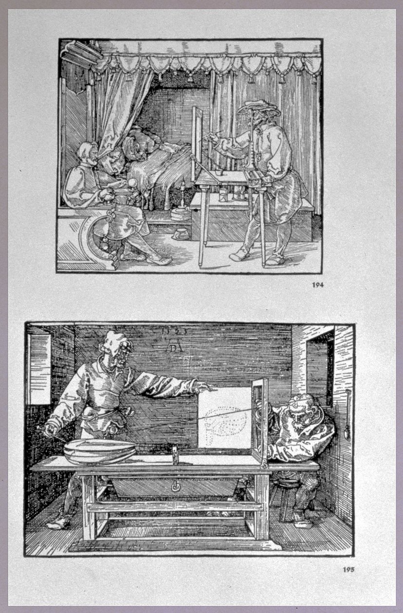 Laitteet kolmiulotteisten esineiden muuntamiseksi kaksiulotteisiksi piirustuksiksi, kaksi kohtausta taiteilijan ensimmäisestä teknisestä kirjasta Introduction in the Art of Measurement with Compass and Ruler, writt tekijältä Albrecht Dürer
