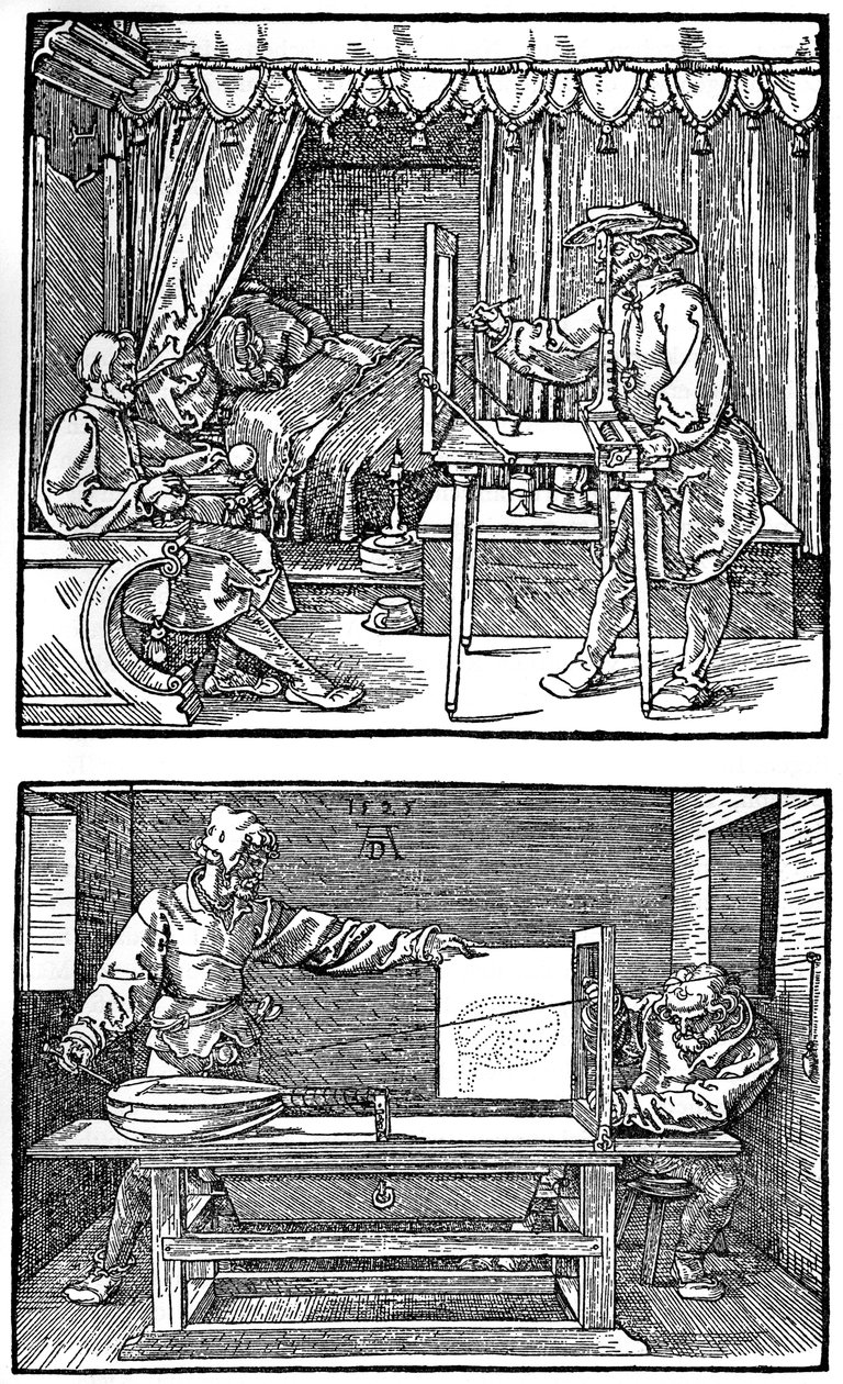 Laite kolmiulotteisten esineiden kääntämiseen kaksiulotteisiksi piirroksiksi, 1525, 1936 tekijältä Albrecht Dürer