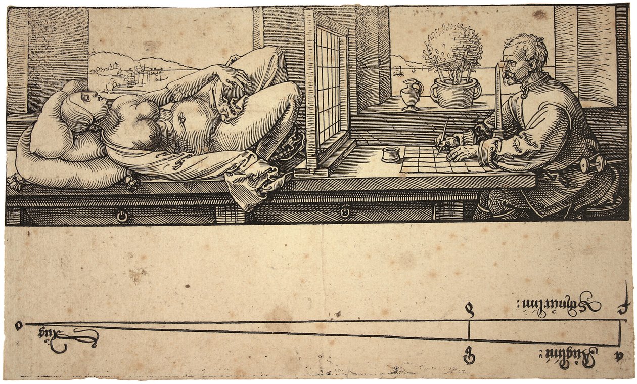 Taiteilija piirtää alaston perspektiivilaitteella, 1538 tekijältä Albrecht Dürer
