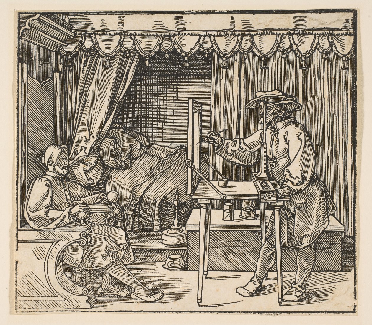 Taiteilija piirtää muotokuvan miehestä.a.n.d. tekijältä Albrecht Dürer