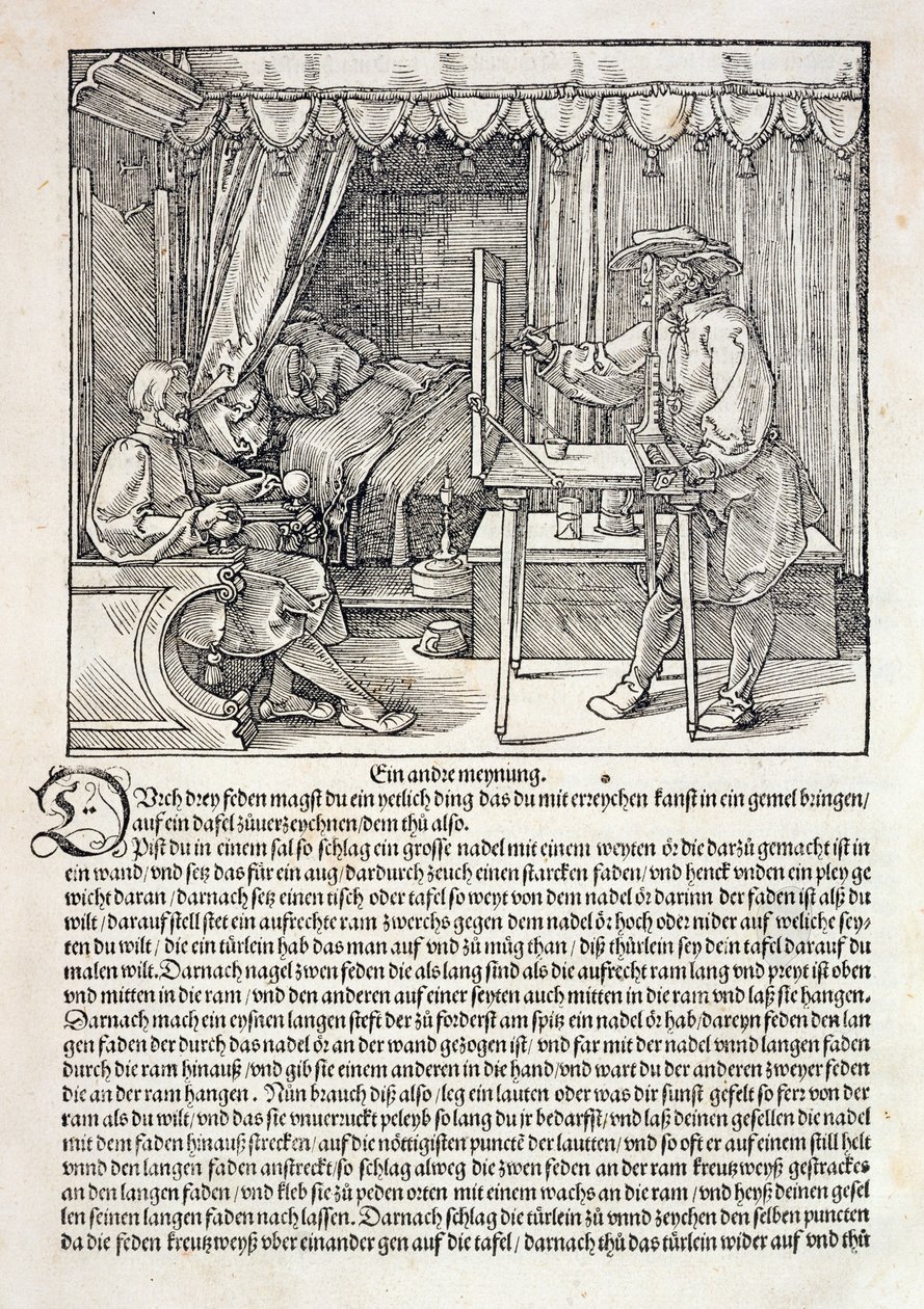 Taiteilija, joka käyttää Durerin piirustuskonetta hahmon maalaamiseen, Albrecht Durerin piirtämisen taiteen kurssista, Nürnberg 1525 (katso myös 310983) tekijältä Albrecht Dürer