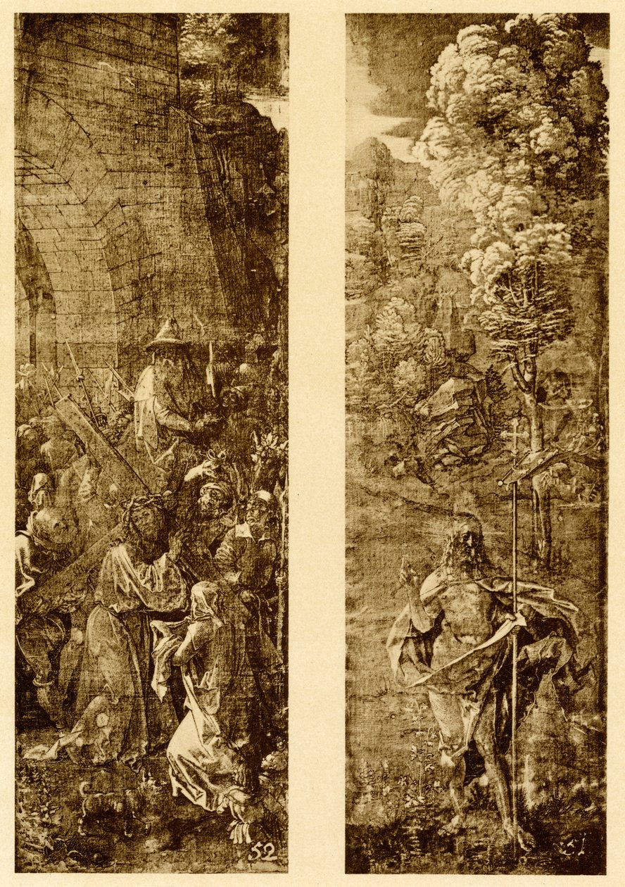 Ristin ja Kristuksen kantaminen voitonlipun kanssa. tekijältä Albrecht Dürer