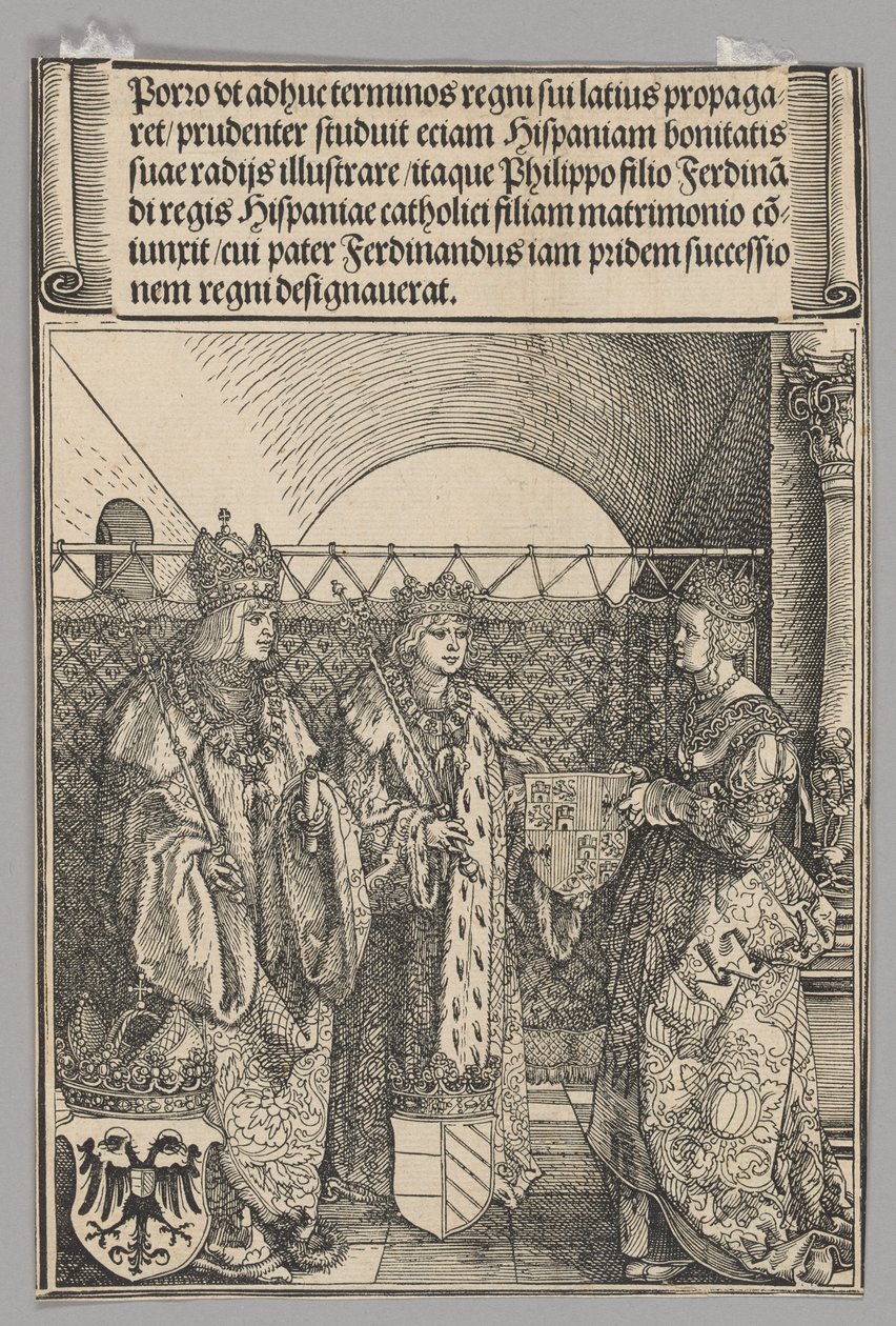 Phillippin kihla Johannan kanssa, levy 15 historiallisista kohtauksista keisari Maximilian I:n elämästä Riemukaaresta tekijältä Albrecht Dürer