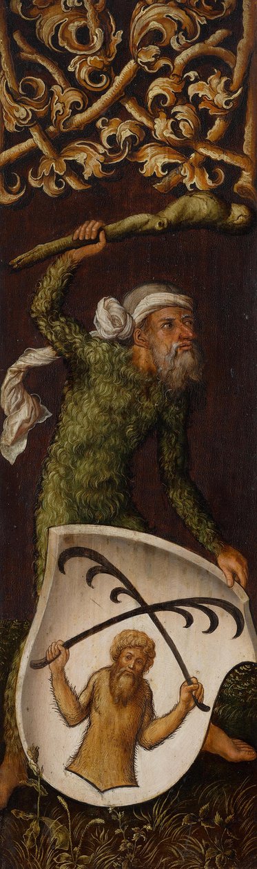 Oswolt Krelin muotokuvatriptyykki, vasen siipi: "Villimies" ja Oswolt Krelin vaakuna tekijältä Albrecht Dürer