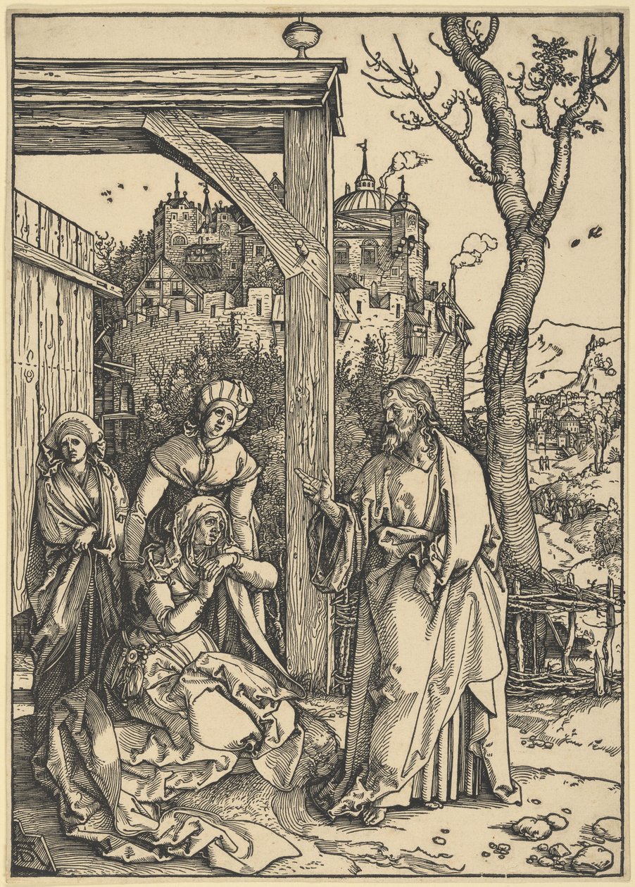 Kristus jättää jäähyväiset äidilleen, sarjasta Neitsyt Marian elämä tekijältä Albrecht Dürer