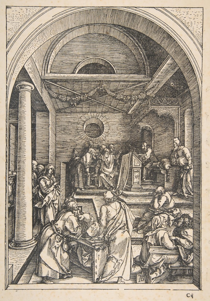 Kristus lääkäreiden joukossa, teoksesta The Life of the Virgin, latinalainen painos, 1511.n.d. tekijältä Albrecht Dürer