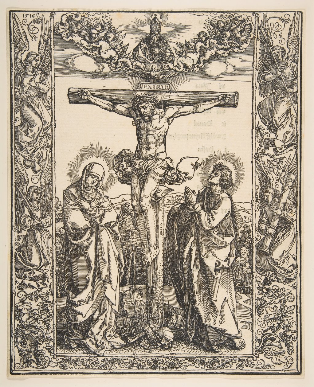 Kristus ristillä Neitsyen ja Pyhän Johanneksen välillä, 1516. tekijältä Albrecht Dürer