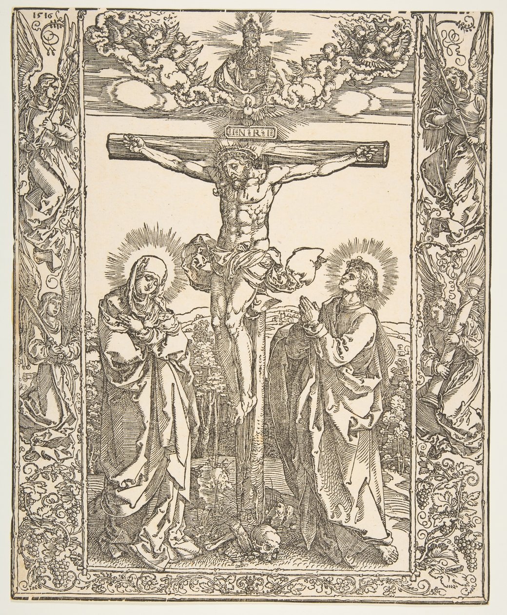 Kristus ristillä Neitsyen ja Pyhän Johanneksen välillä, 1516. tekijältä Albrecht Dürer
