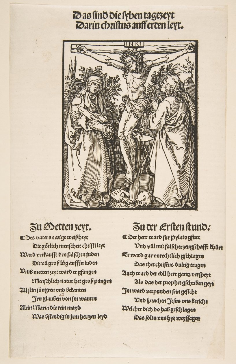 Kristus ristillä Neitsyen ja Pyhän Johanneksen välillä ensimmäinen arkki kahdesta, 1510. tekijältä Albrecht Dürer