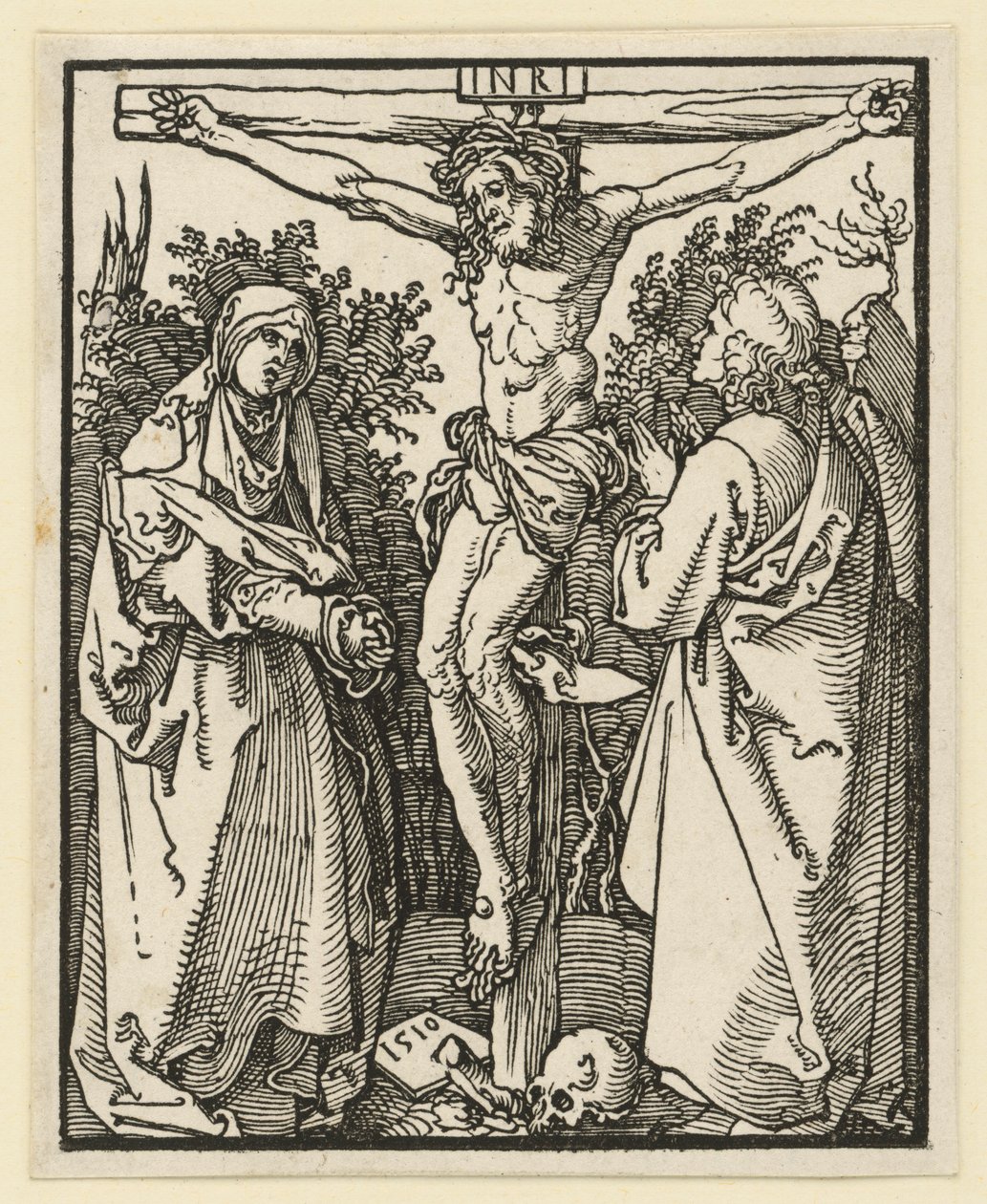 Kristus ristillä Marian ja Johanneksen kanssa tekijältä Albrecht Dürer