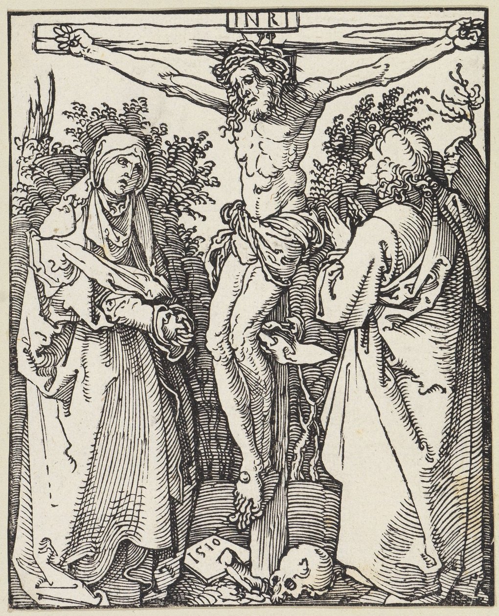 Kristus ristillä Marian ja Johanneksen kanssa tekijältä Albrecht Dürer