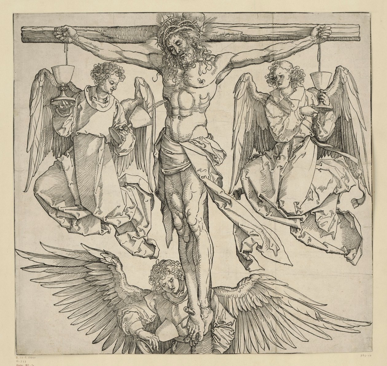 Kristus ristillä kolmen enkelin kanssa tekijältä Albrecht Dürer