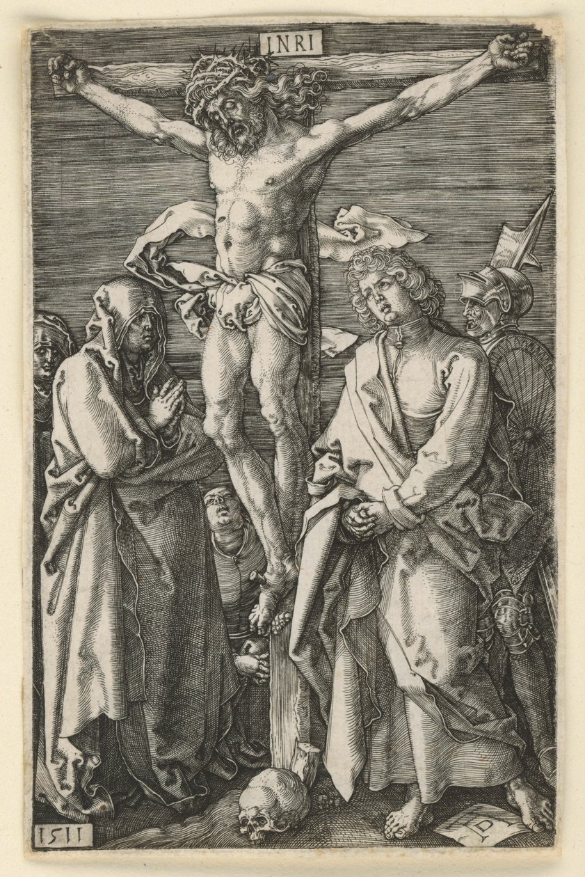 Kristus ristillä Marian ja Johanneksen välissä (Kuparikaiverruspassio) tekijältä Albrecht Dürer