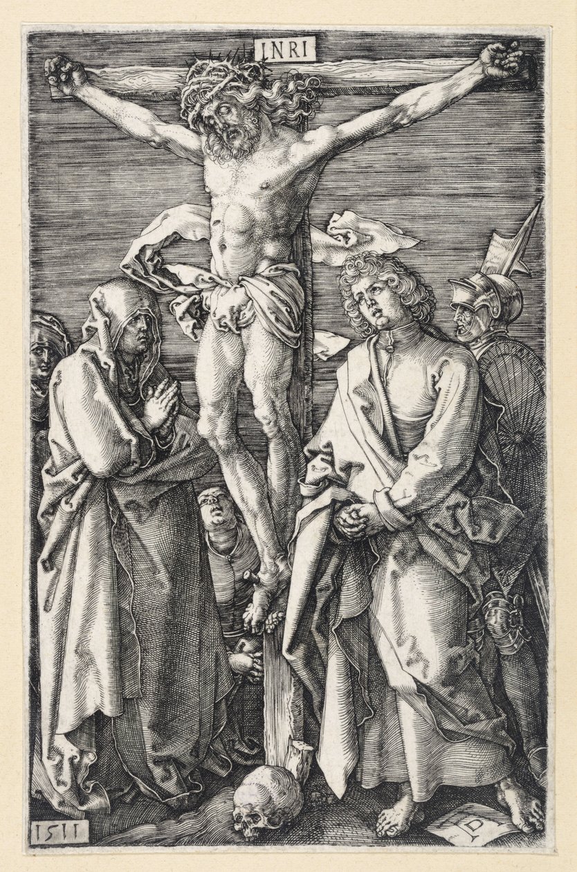 Kristus ristillä Marian ja Johanneksen välissä (Kuparikaiverruspassio) tekijältä Albrecht Dürer