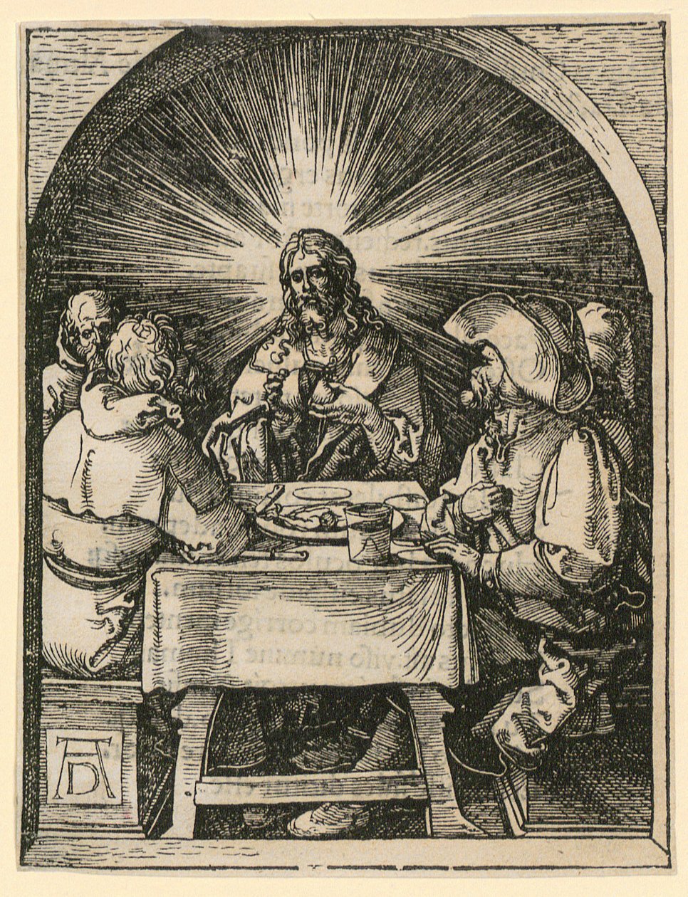 Kristus Emmauksessa, lehti 33 sarjasta "Pieni puupiirrospassio" tekijältä Albrecht Dürer