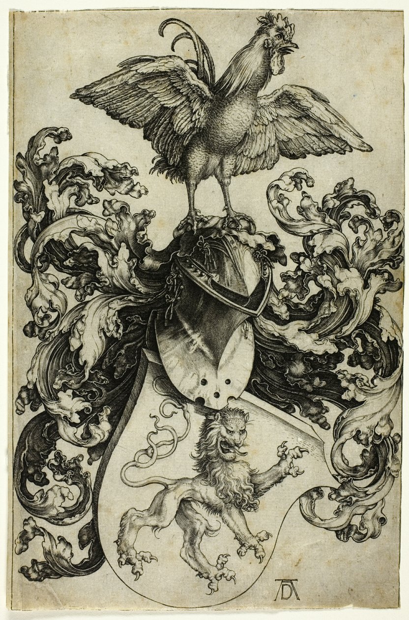 Vaakuna leijonan ja kukon kanssa tekijältä Albrecht Dürer