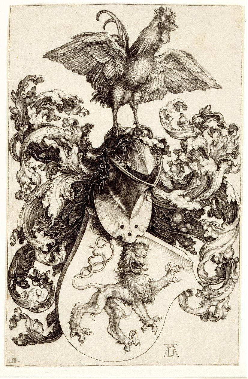 Vaakuna, jossa on leijona ja kukko tekijältä Albrecht Dürer