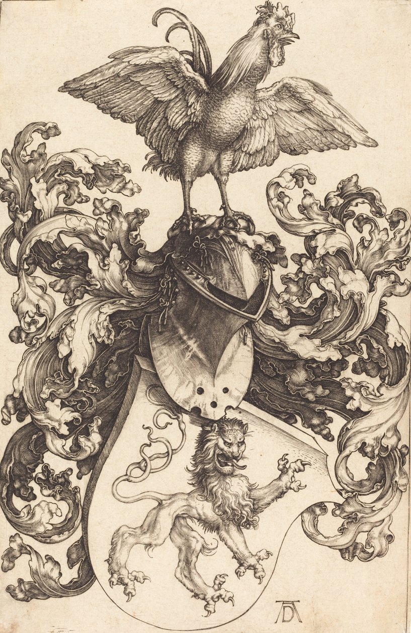 Vaakuna, jossa leijona ja kukko, 15021503. tekijältä Albrecht Dürer