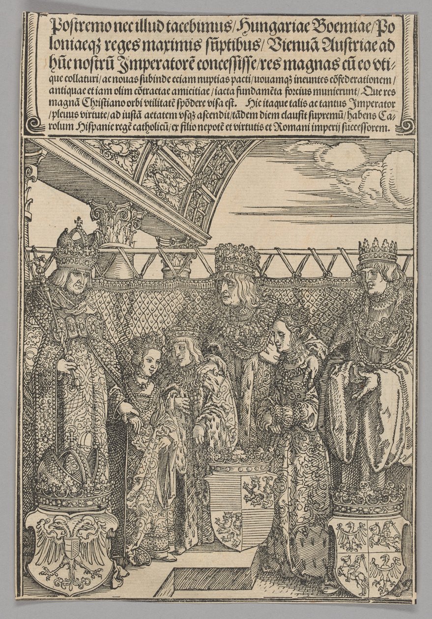 Kongressi ja tuplakihlaus Wienissä, levy 23 historiallisista kohtauksista keisari Maximilian I:n elämästä Riemukaaresta tekijältä Albrecht Dürer