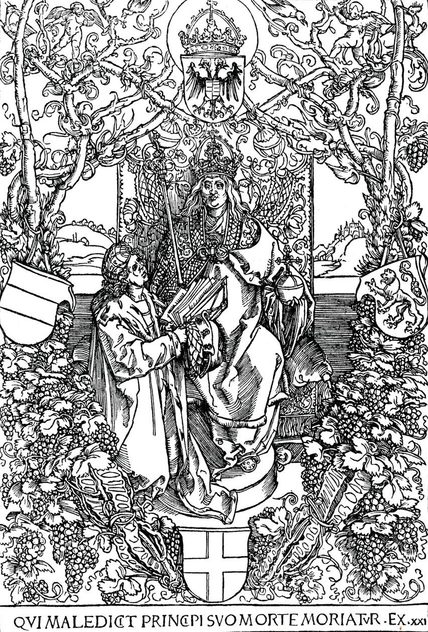 Conrad Celtes esittelee kirjansa The Four Books of Love Maximilian I:lle, 1502 1906 tekijältä Albrecht Dürer