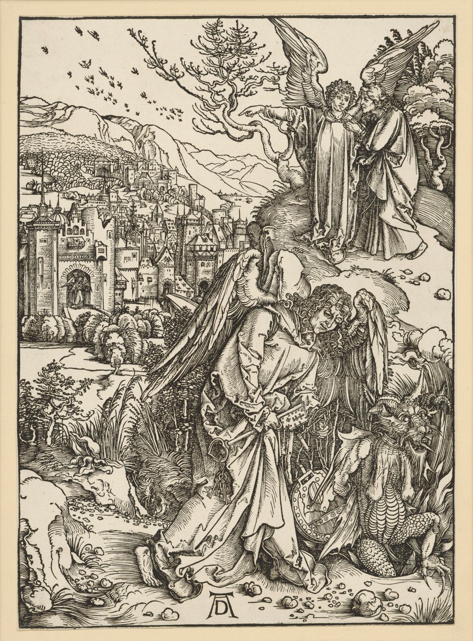 Enkeli heittää lohikäärmeen syvyyteen ja sulkee sen sinne (Ilmestyskirja) tekijältä Albrecht Dürer
