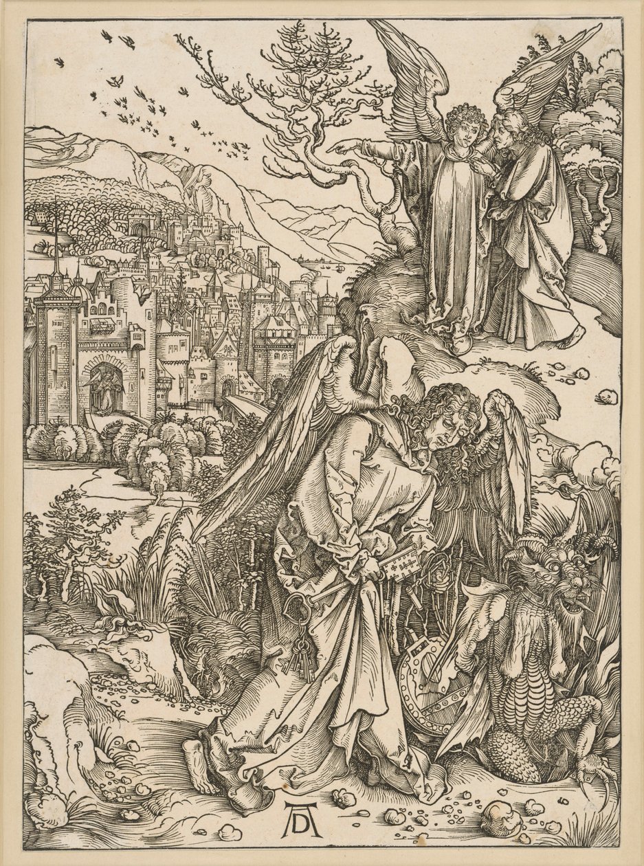 Enkeli heittää lohikäärmeen syvyyteen ja sulkee sen (Ilmestyskirja) tekijältä Albrecht Dürer