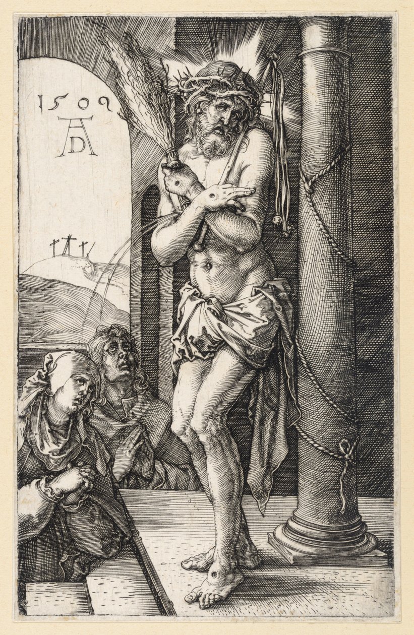 Kärsimysten mies ruoskintapylväällä (Kuparikaiverruspassio) tekijältä Albrecht Dürer