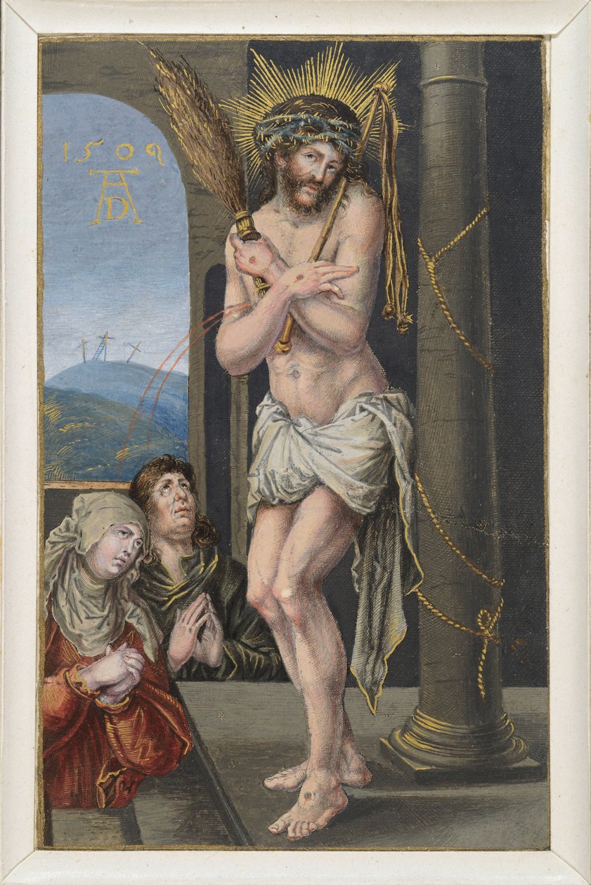 Kärsimyksen mies ruoskimispylvään äärellä tekijältä Albrecht Dürer