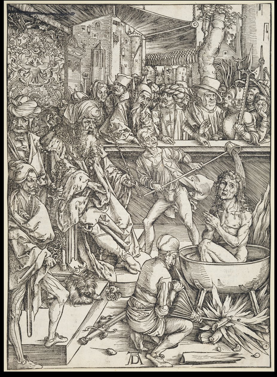 Evankelista Johanneksen marttyyrikuolema, Ilmestyskirja-sarjasta, saksankielinen ensipainos 1498 tekijältä Albrecht Dürer