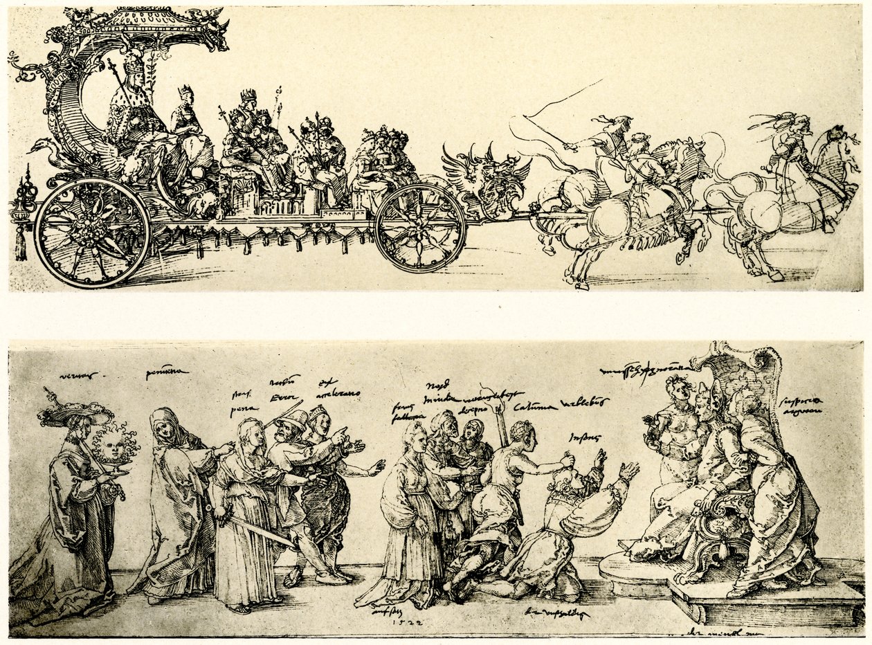 Luonnos keisari Maximilian I:n vaunuja varten. tekijältä Albrecht Dürer