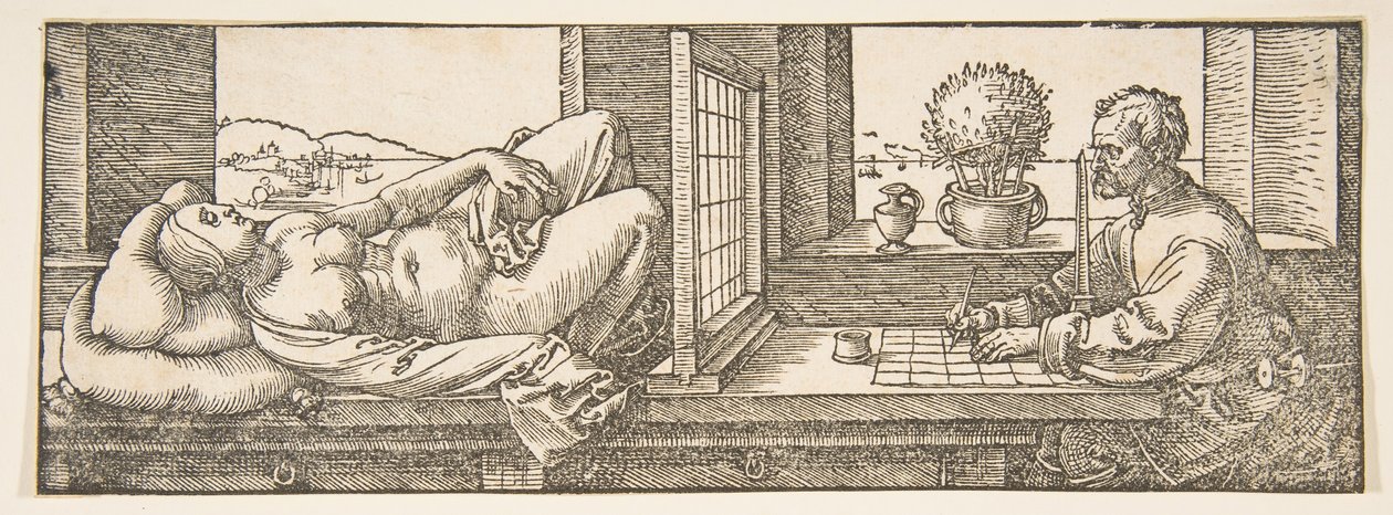 Valmistelija tekee perspektiivipiirustuksen makuuasennosta, n. 1600. tekijältä Albrecht Dürer