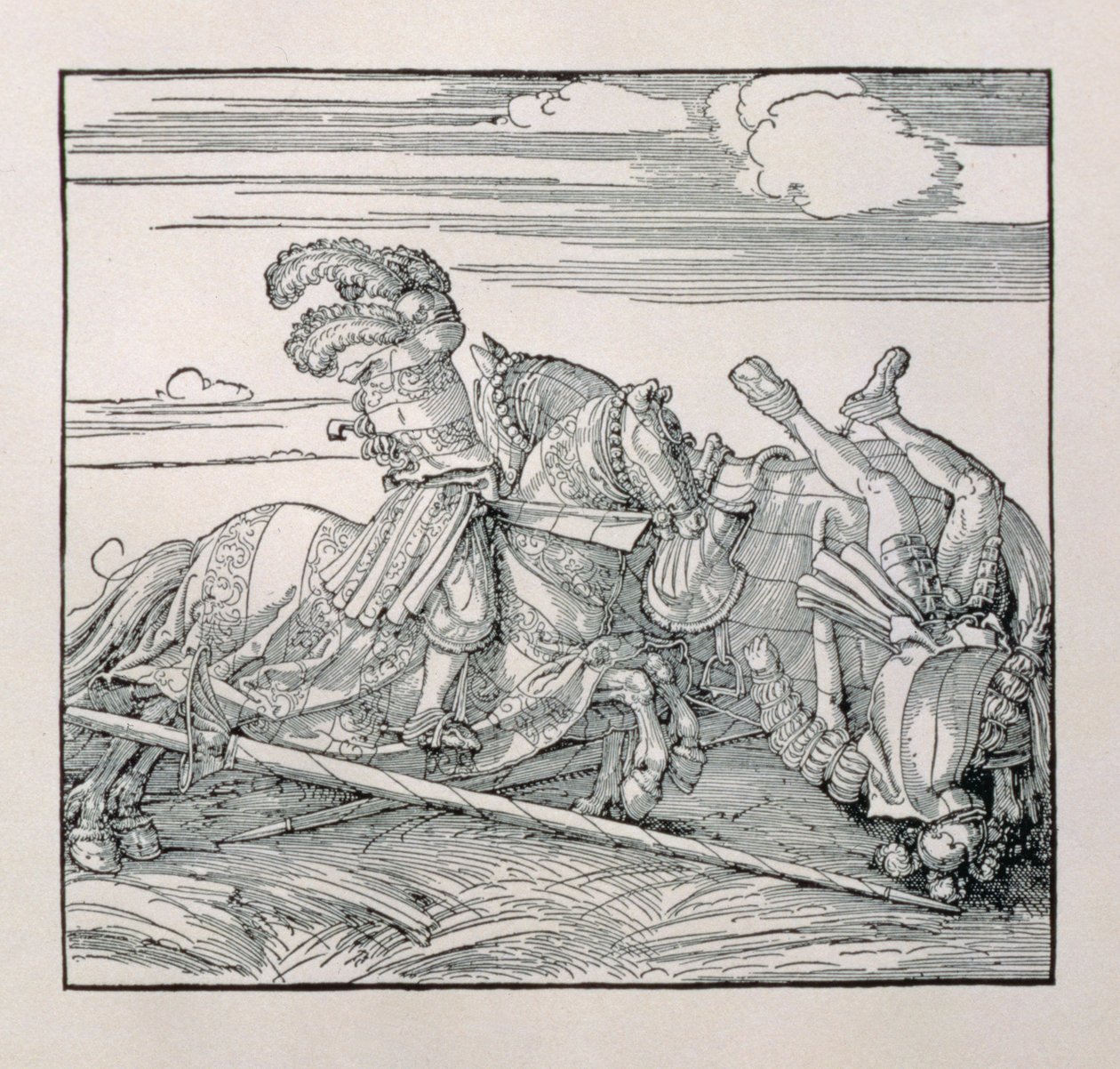 Saksan keisari Maximilian I (1459-1519) vapauttaa vastustajansa kilpailussa julkaisemattomasta kirjasta, joka ylistää keisarien ritarillisia tekoja, n. 1515 tekijältä Albrecht Dürer