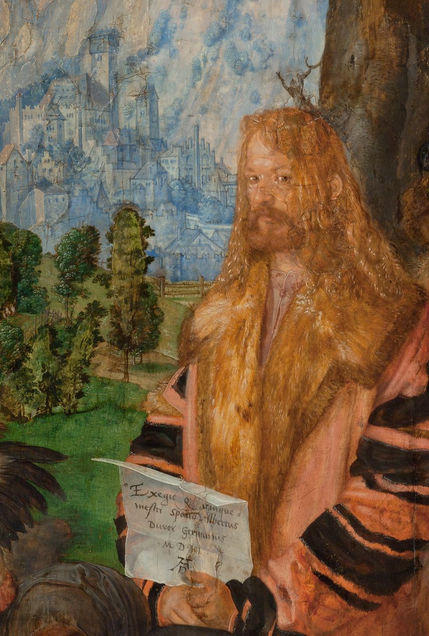 Rukousnauhan juhla, yksityiskohta ylhäällä oikealla:
Omakuva tekijältä Albrecht Dürer