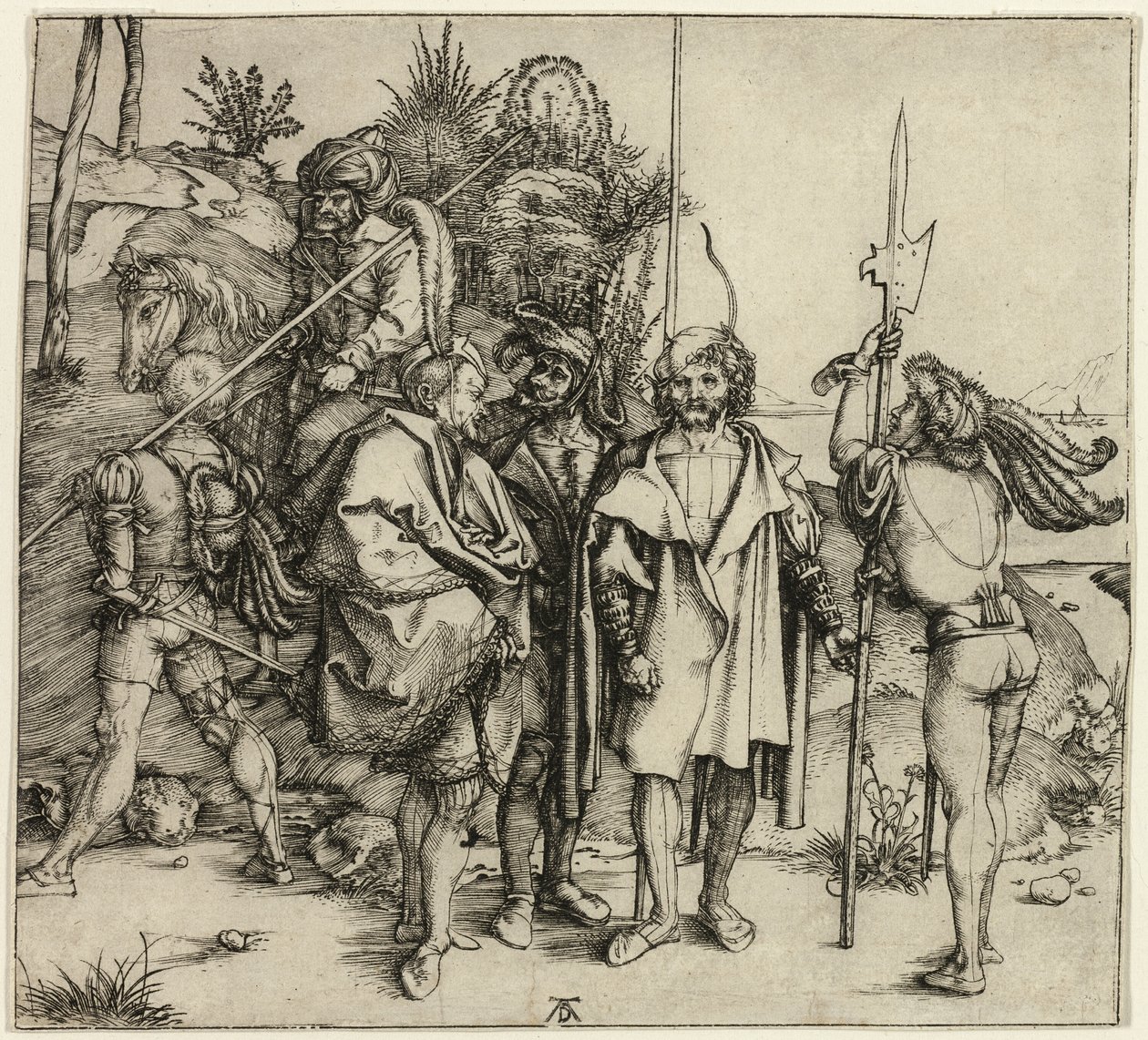 Viisi Landsknechteä ja itämainen mies hevosen selässä tekijältä Albrecht Dürer