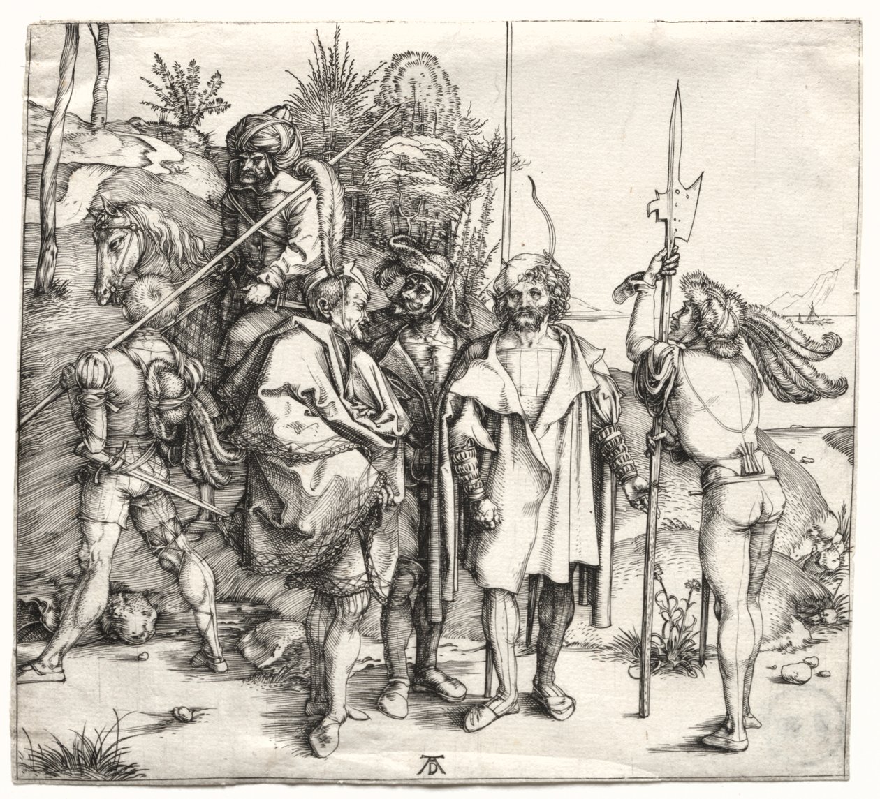Viisi sotilasta ja turkkilainen hevosen selässä tekijältä Albrecht Dürer