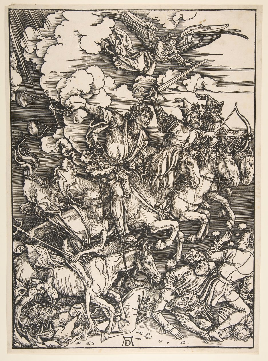 Apokalypsin neljä ratsumiestä, n. 14971498. tekijältä Albrecht Dürer