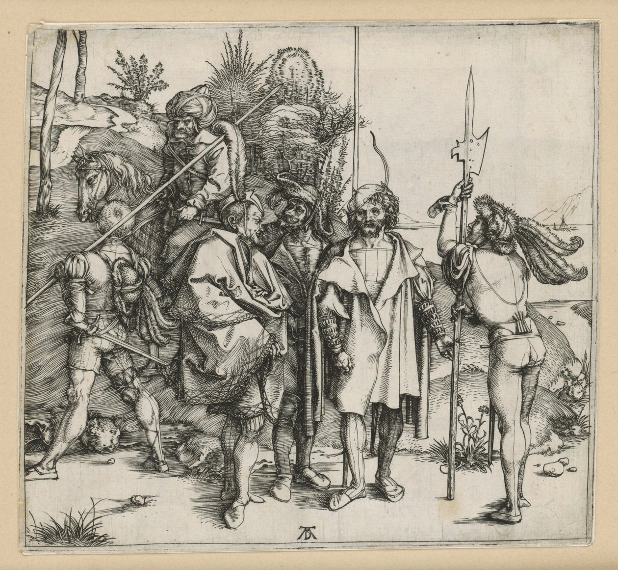 Viisi sotilasta ja turkkilainen hevosen selässä tekijältä Albrecht Dürer