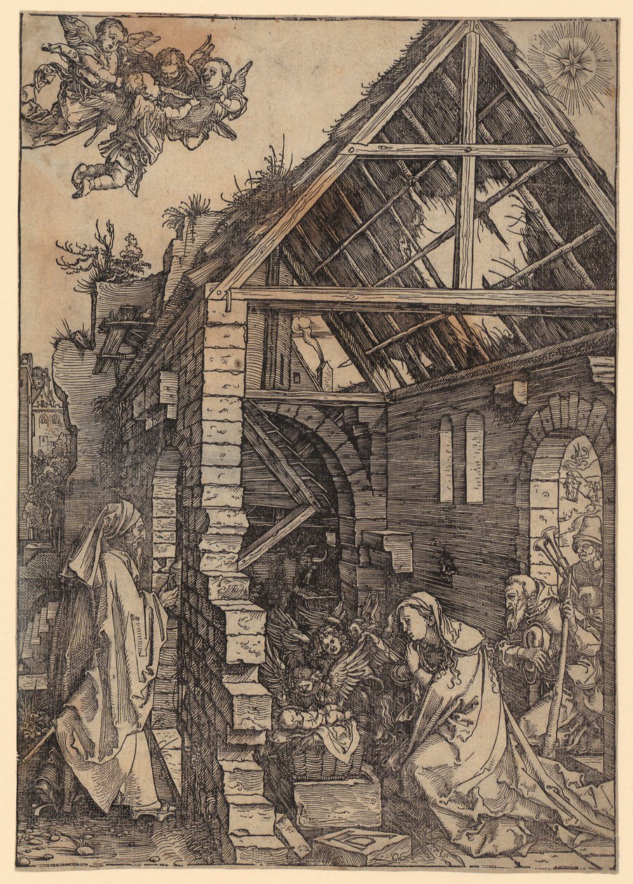 Kristuksen syntymä, lehti 10 sarjasta "Marian elämä" tekijältä Albrecht Dürer