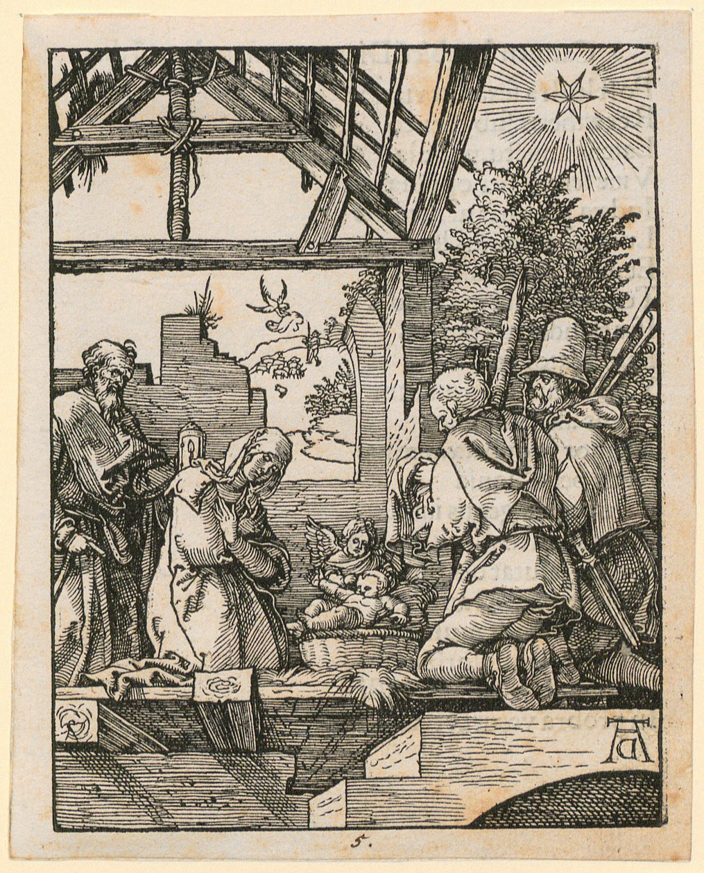 Kristuksen syntymä, lehti 5 sarjasta "Pieni puupiirrospassio" tekijältä Albrecht Dürer