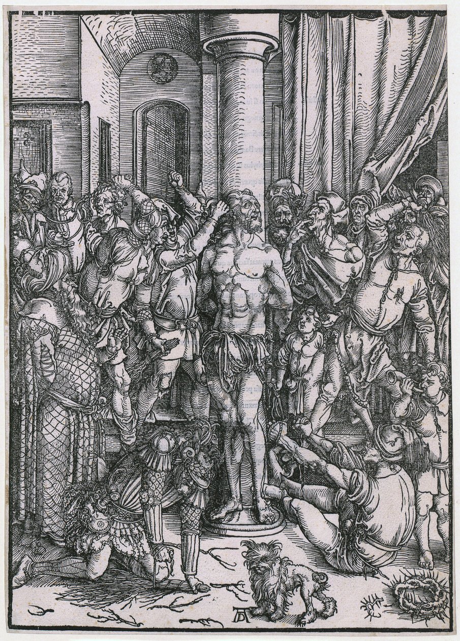 Kristuksen ruoskiminen, lehti 5 sarjasta "Suuri passio" tekijältä Albrecht Dürer