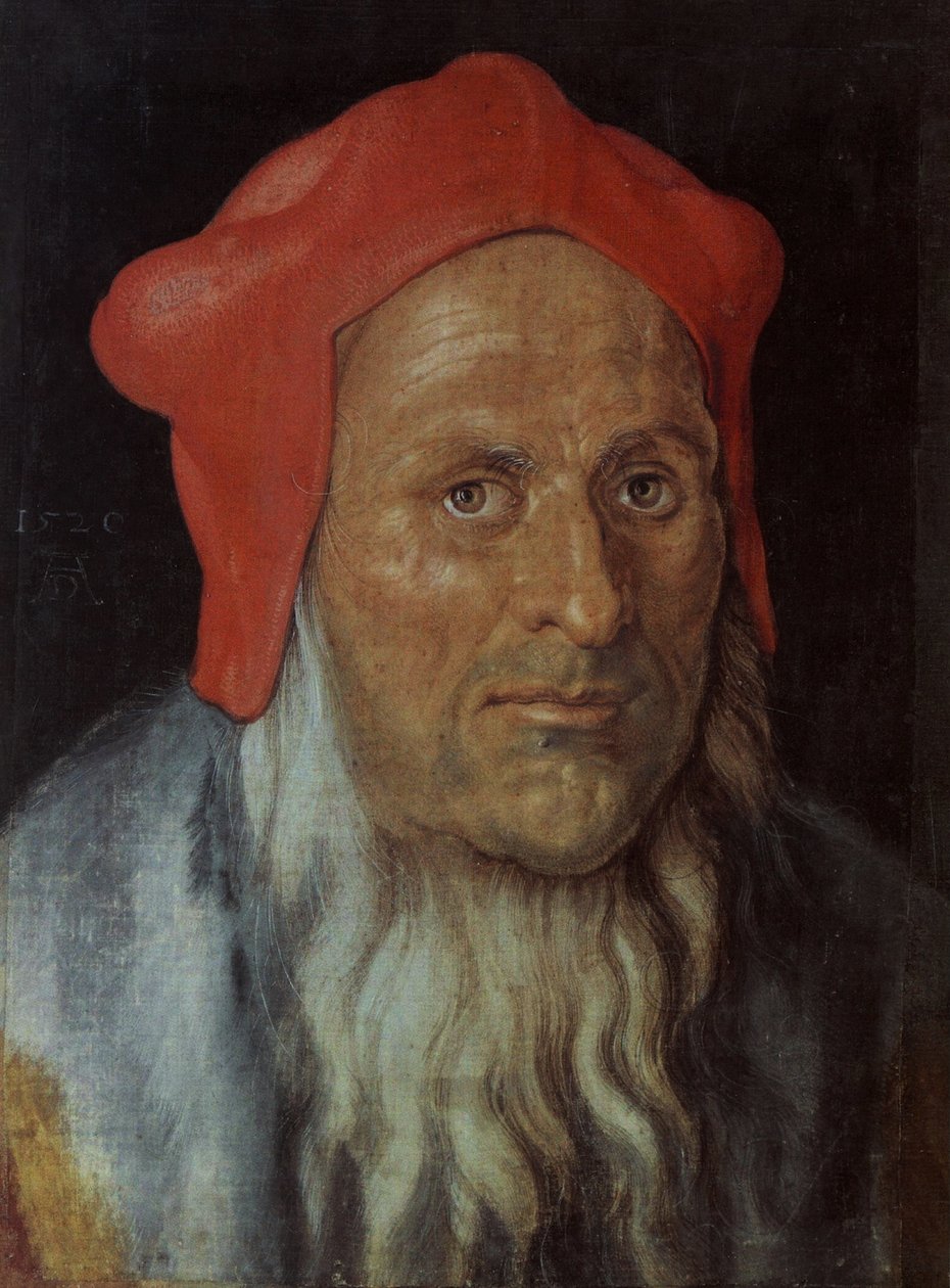 Saksa: Muotokuva parrakkaasta miehestä, jolla on punainen lippalakki Muotokuva miehestä (Portrait of a Man) tekijältä Albrecht Dürer
