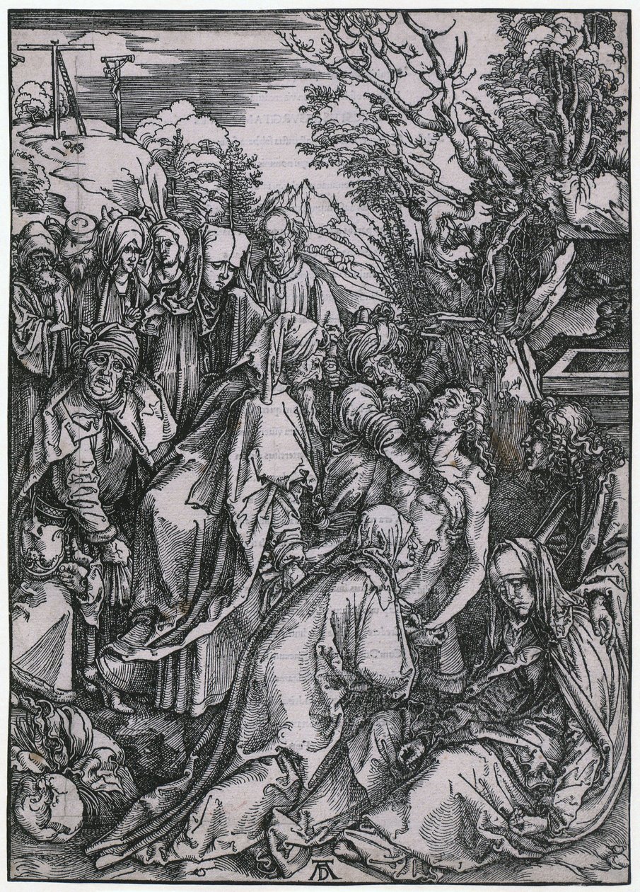 Kristuksen hautaaminen, lehti 10 sarjasta "Suuri passio" tekijältä Albrecht Dürer