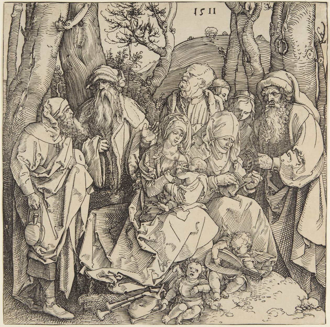Pyhä suku ja kaksi musisoivaa enkeliä tekijältä Albrecht Dürer