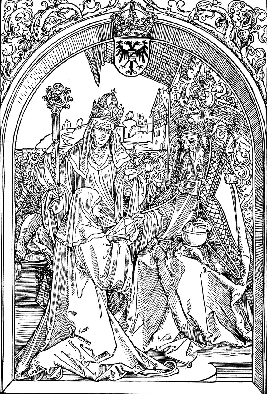 Hrotsvitha esittelee kirjansa keisari Otto I:lle, 1501 1906 tekijältä Albrecht Dürer