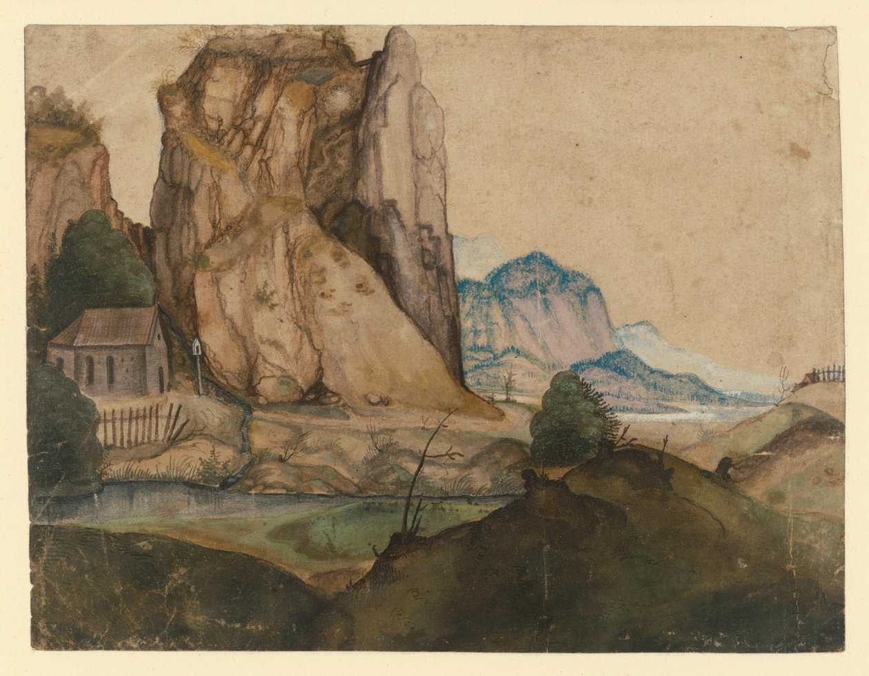 Mäkinen maisema, jossa korkeiden kallioiden alla sijaitsee kappeli tekijältä Albrecht Dürer