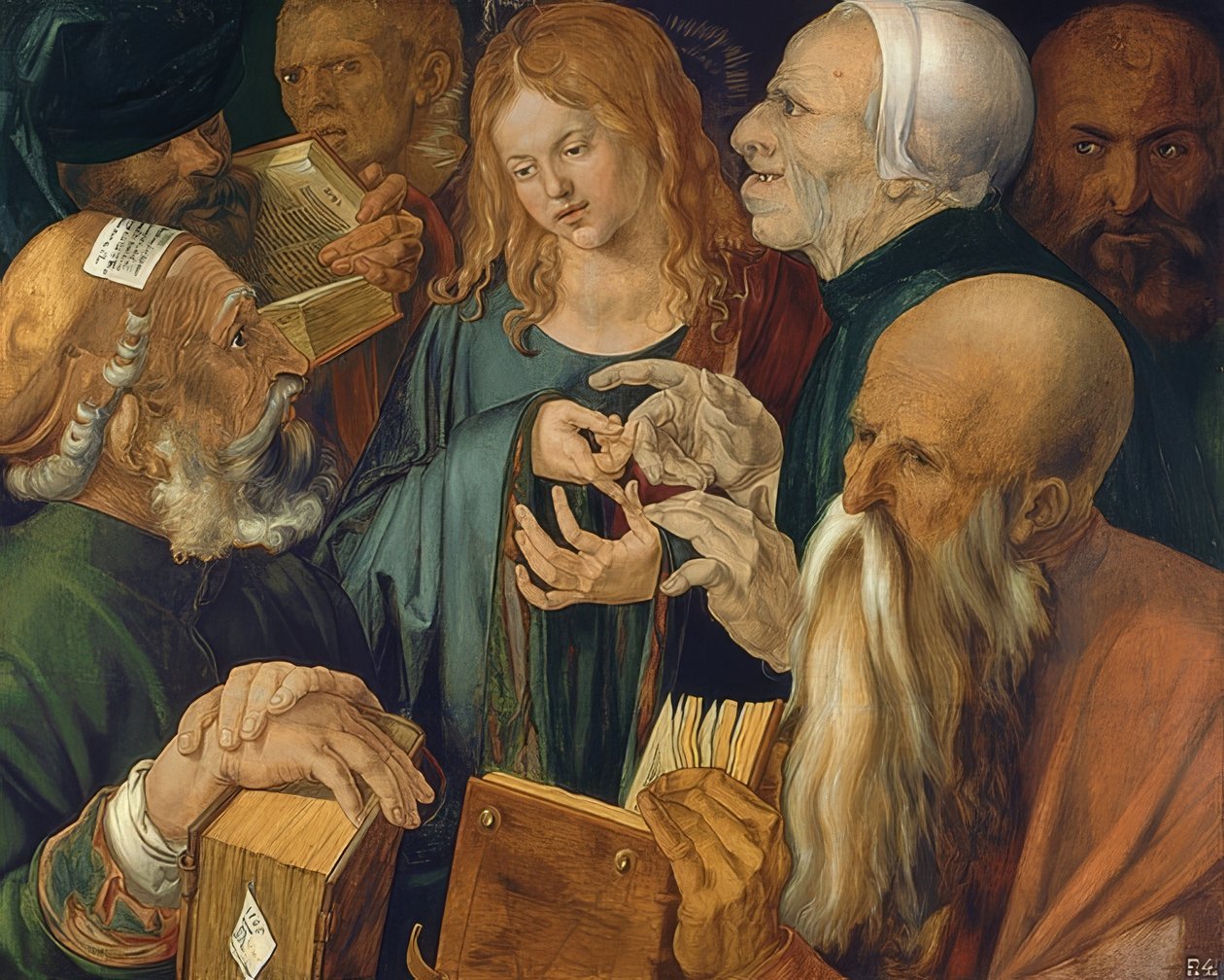 Jeesus kirjanoppineiden joukossa. 1506 tekijältä Albrecht Dürer