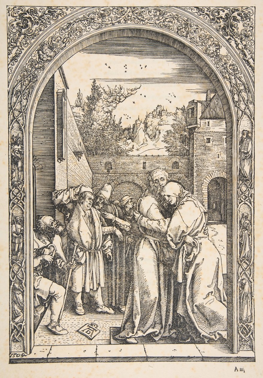 Joachim ja Anna Golden Gatessa, elokuvasta The Life of the Virgin, n. 1504. tekijältä Albrecht Dürer