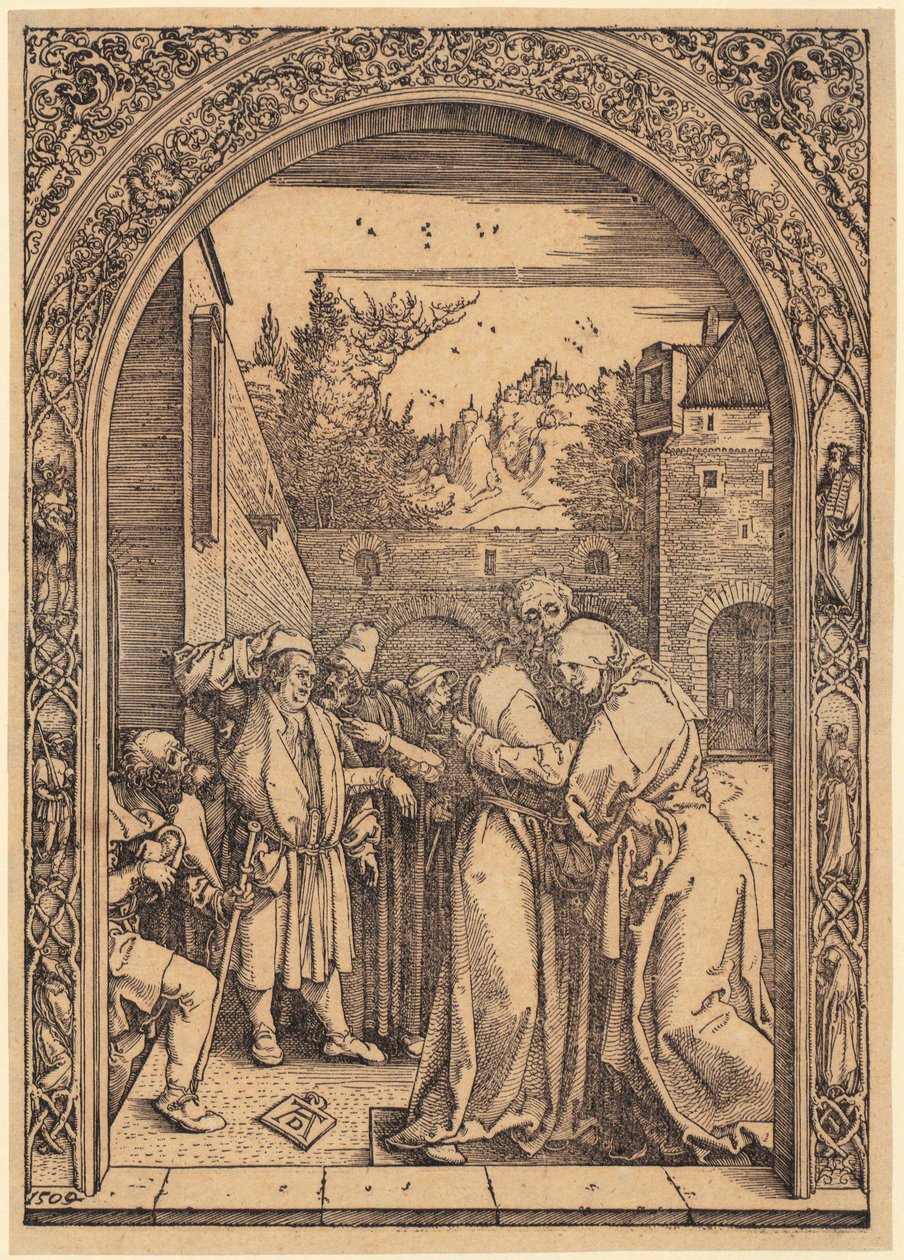 Joachim ja Anna Kultaisen portin alla, sarjan ”Marian elämä” 4. lehti tekijältä Albrecht Dürer